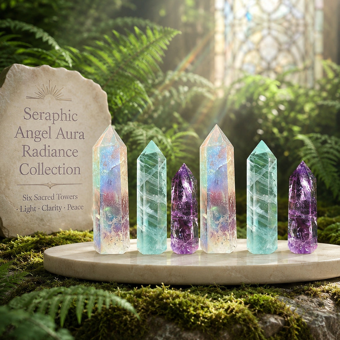 Six polished crystal points in a row on a marble plate: Angel Aura, Green Fluorite and Amethyst, two of each, beside a carved stone sign