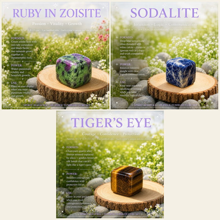 Ruby in zoisite, sodalite and tiger’s eye tumbled cubes on wooden rounds