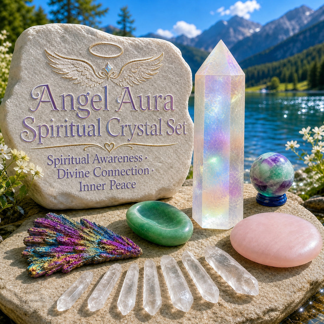 The full Angel Aura Spiritual Crystal Set by a mountain lake: an iridescent angel aura point, a pink calcite palmstone, a rainbow kyanite fan, a green aventurine worry stone, a fluorite mini sphere and seven clear quartz shards