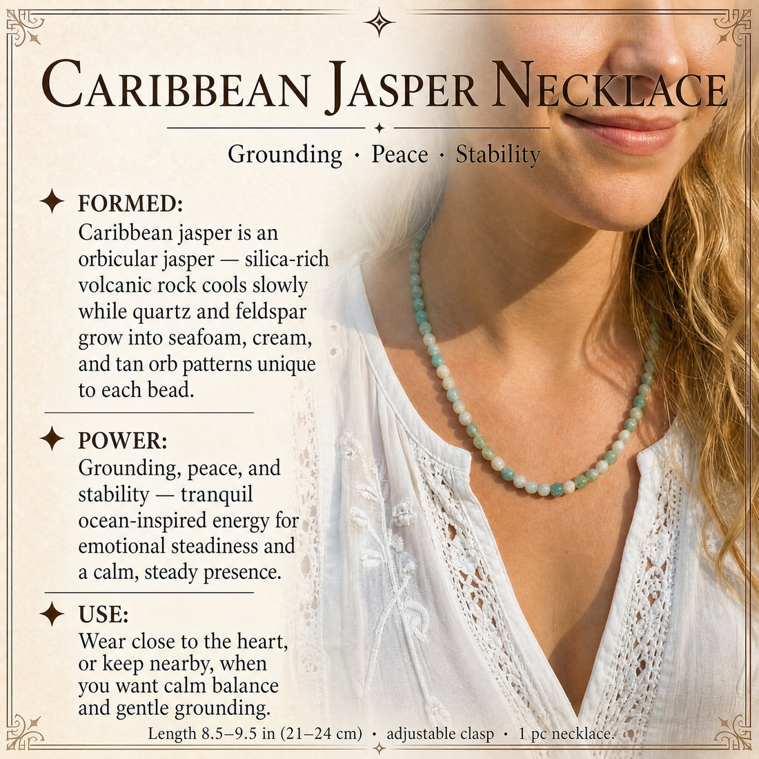 A strand of seafoam and cream Caribbean jasper beads worn around the neck with a white blouse