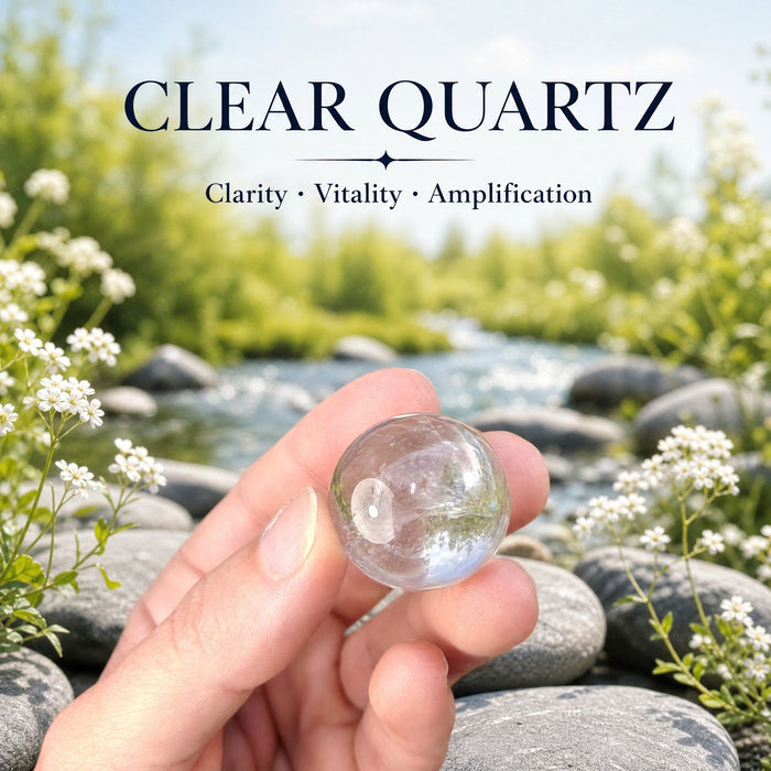 A small water-clear quartz sphere held in the fingertips