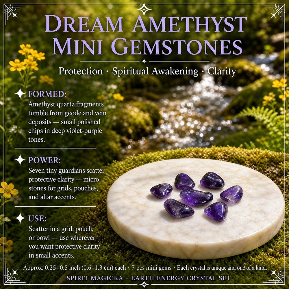 Seven small polished dream amethyst gemstones on a marble round