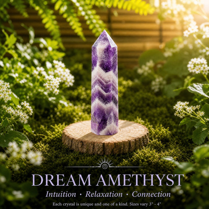 Dream amethyst generator point with purple and white chevron bands