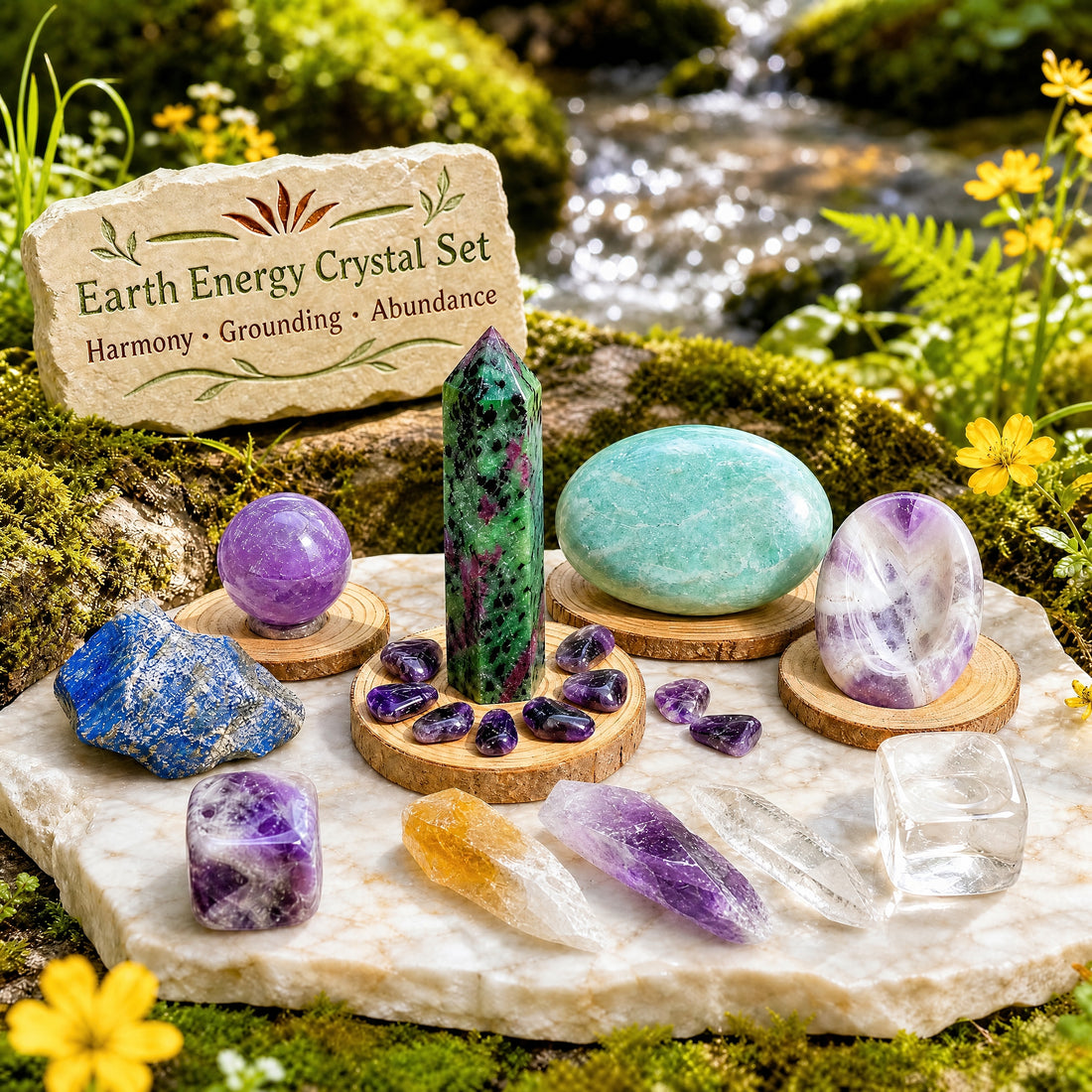 The Earth Energy Crystal Set arranged on a stone slab by a stream: ruby in zoisite point, amazonite palmstone, dream amethyst worry stone, amethyst sphere, lapis lazuli, two cubes, three shards and small amethyst gemstones