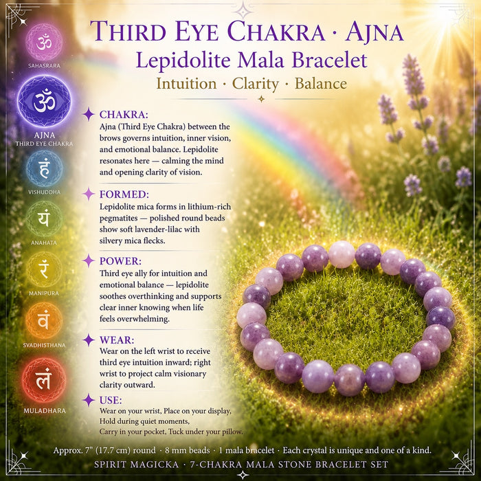 Lepidolite mala bracelet on grass for the Third Eye Chakra