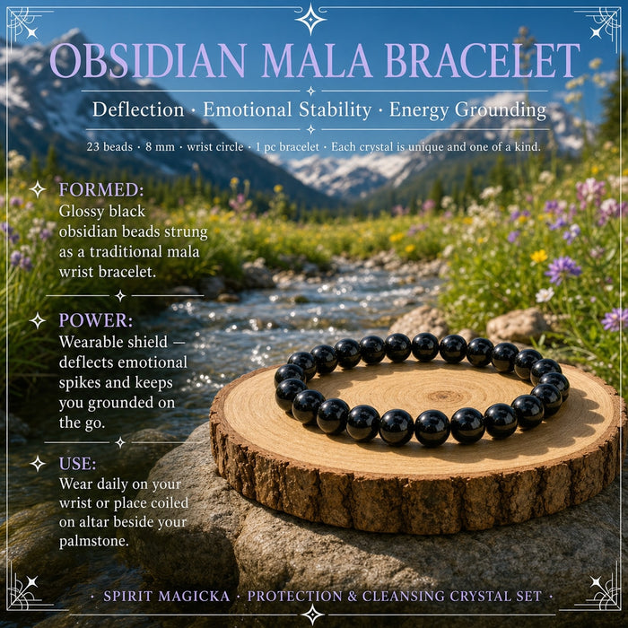 Black obsidian bead bracelet on a wood slice