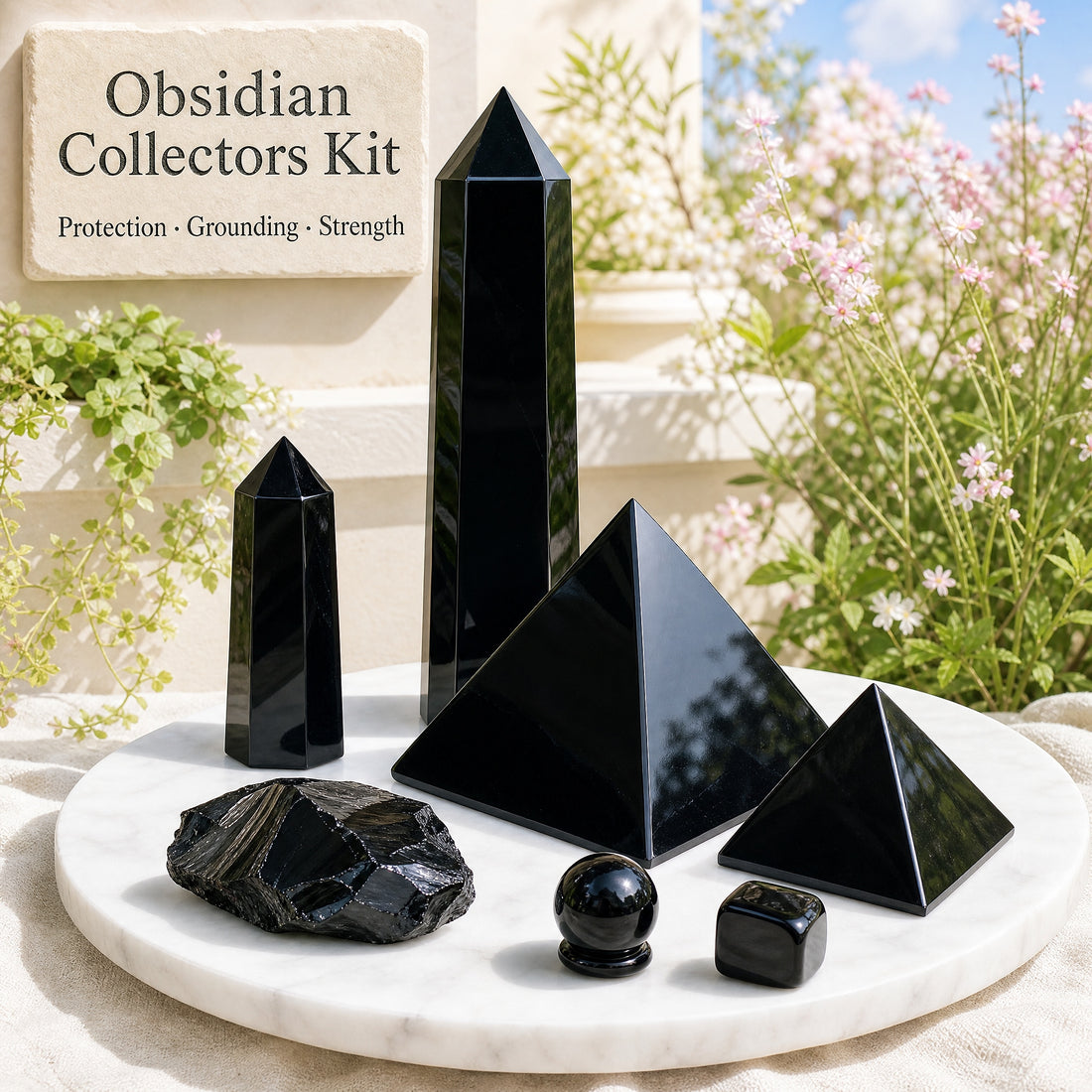 All seven obsidian pieces on a white marble platter: a tall generator, a point, a large and a medium pyramid, a mini sphere, a tumbled cube and a rough stone