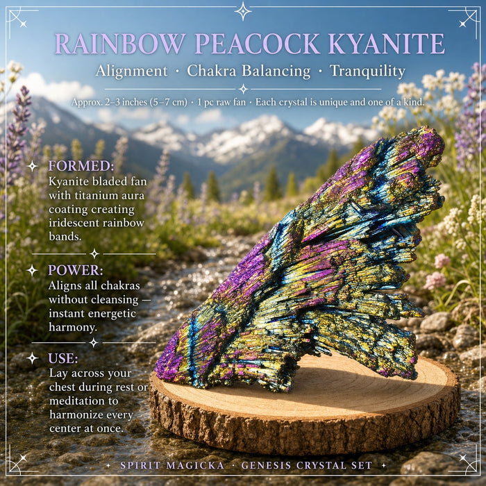 Rainbow peacock kyanite fan with iridescent purple, blue and gold blades on a wood slice