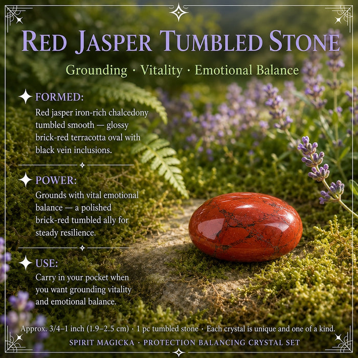 Glossy brick-red red jasper tumbled stone with dark veins on a mossy rock