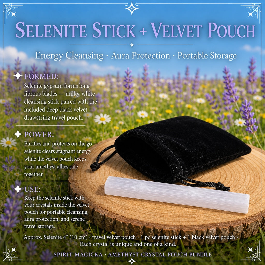 A white selenite stick beside a black velvet drawstring pouch