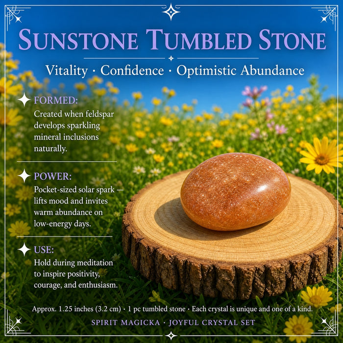 A glittering orange tumbled sunstone on a wooden slice