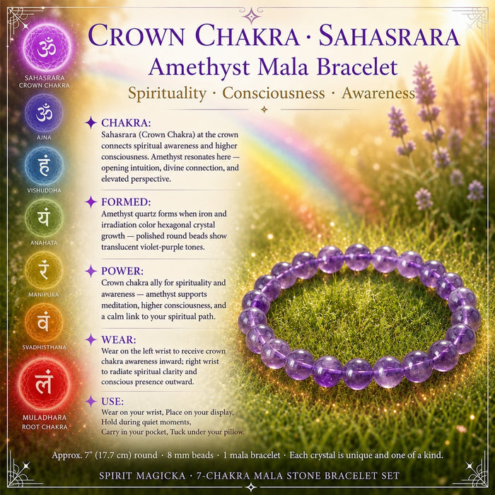 Amethyst mala bracelet on grass for the Crown Chakra