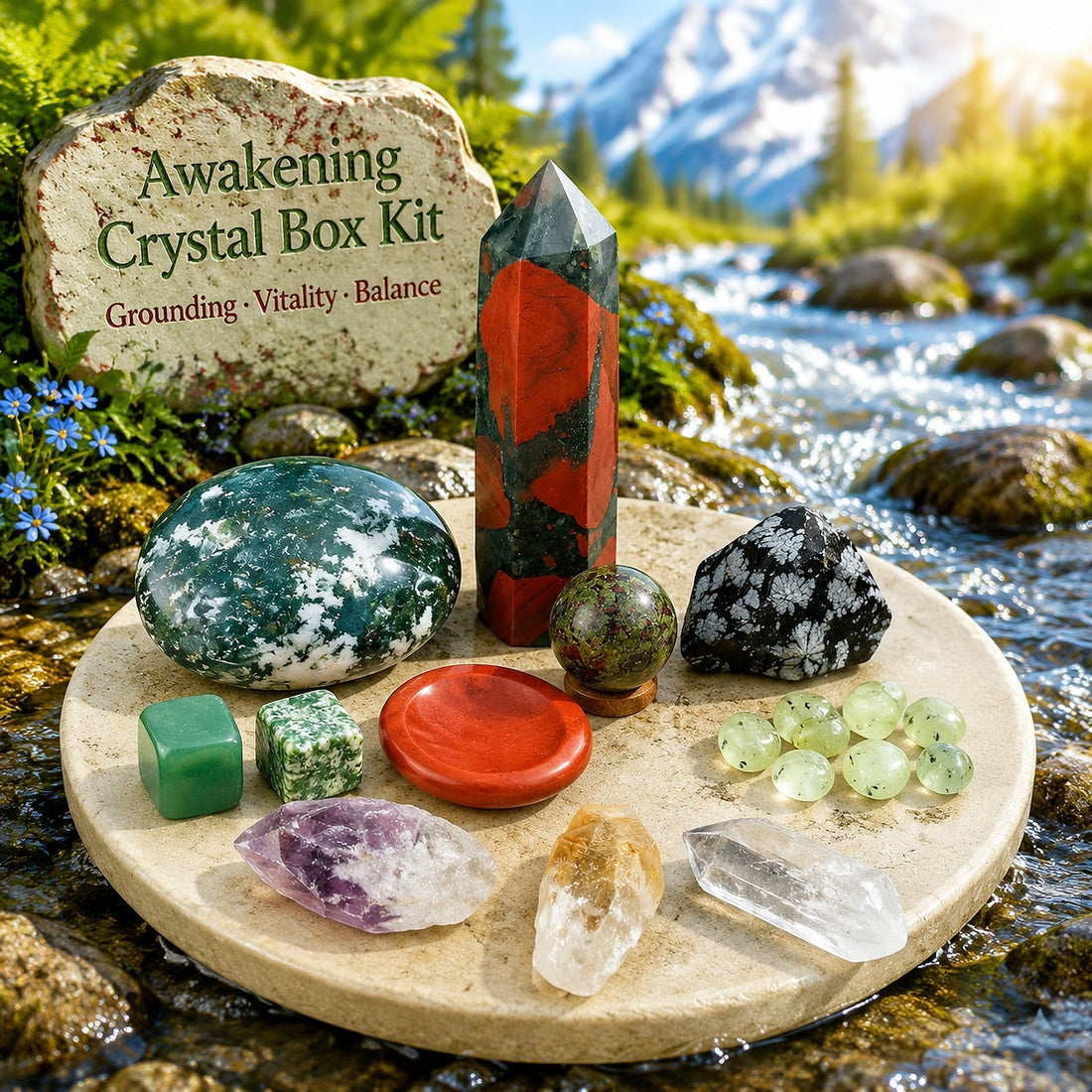 The full Awakening kit on a stone round beside a mountain stream: bloodstone point, moss agate palm stone, red jasper worry stone, dragon’s blood sphere, snowflake obsidian, seven prehnite pebbles, two cubes and three natural shards