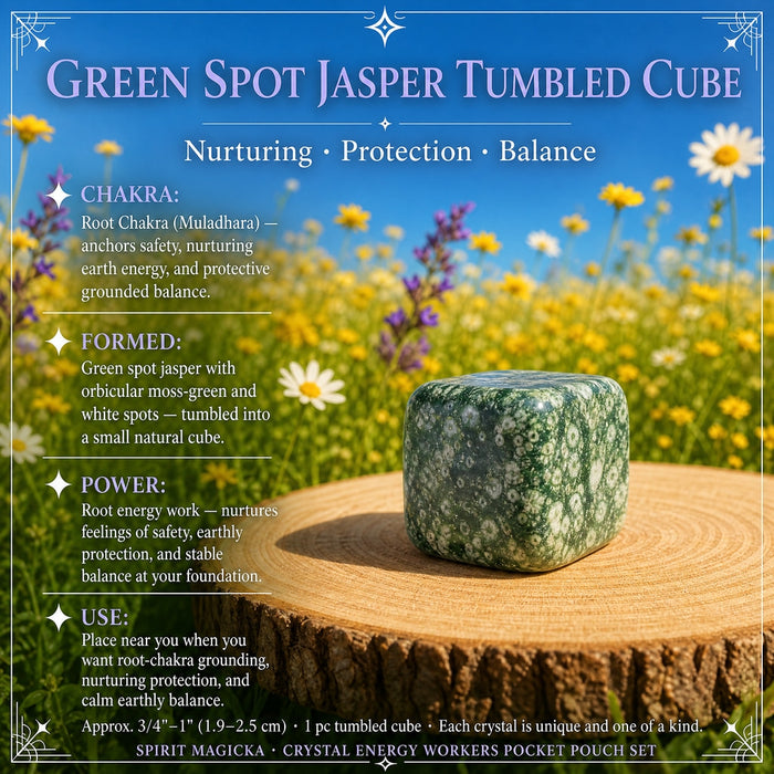 Green spot jasper tumbled cube with moss-green and white spots