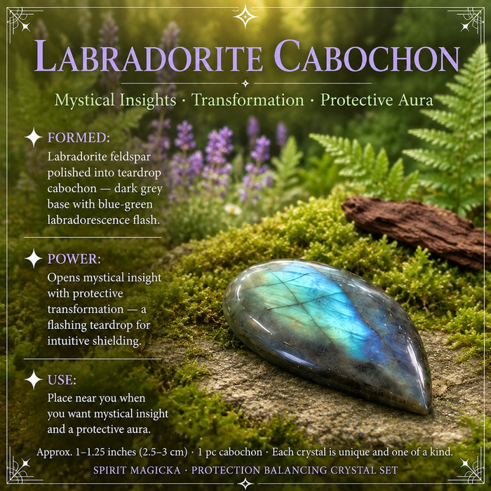 Teardrop labradorite cabochon flashing blue and green on moss
