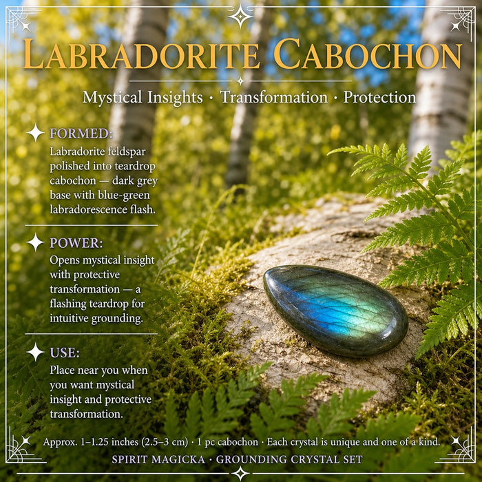 A teardrop labradorite cabochon flashing blue-green on a stone