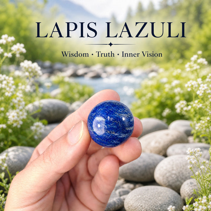A small deep blue lapis lazuli sphere held in the fingertips