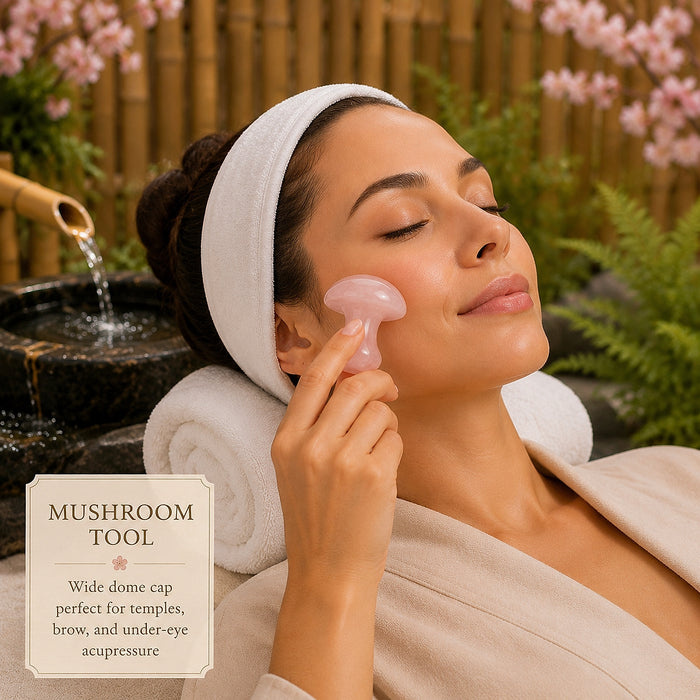 A woman reclining with a headband on, pressing the domed rose quartz mushroom tool to her cheek