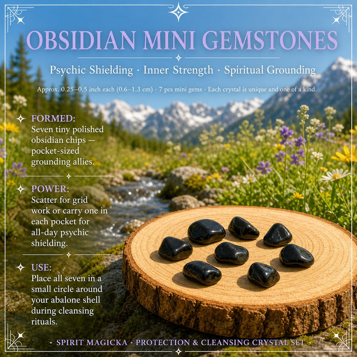 Seven small polished obsidian stones on a wood slice