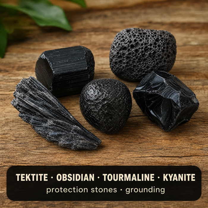 Tektite, obsidian, black tourmaline, volcanic rock and black kyanite laid out on wood