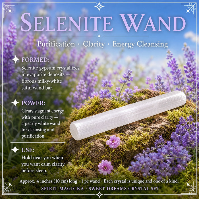 A milky white satin selenite wand lying across moss