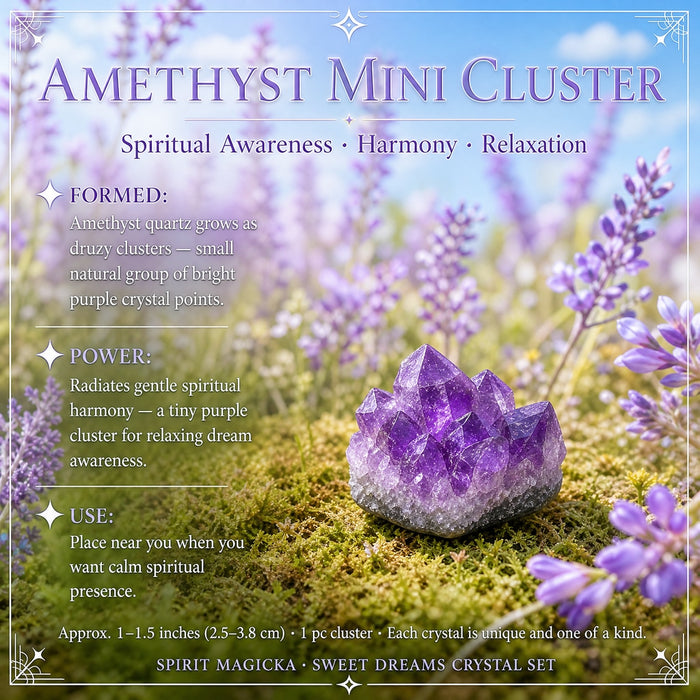 A small amethyst cluster of bright purple points on moss