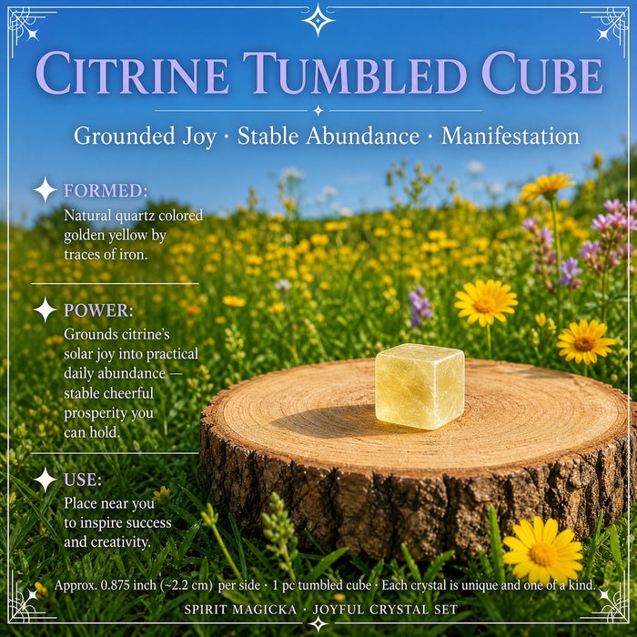A small pale yellow citrine cube on a wooden slice