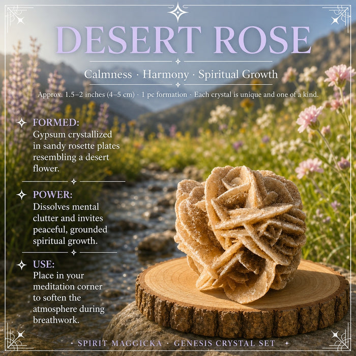 Sandy beige desert rose of layered crystal petals on a wood slice