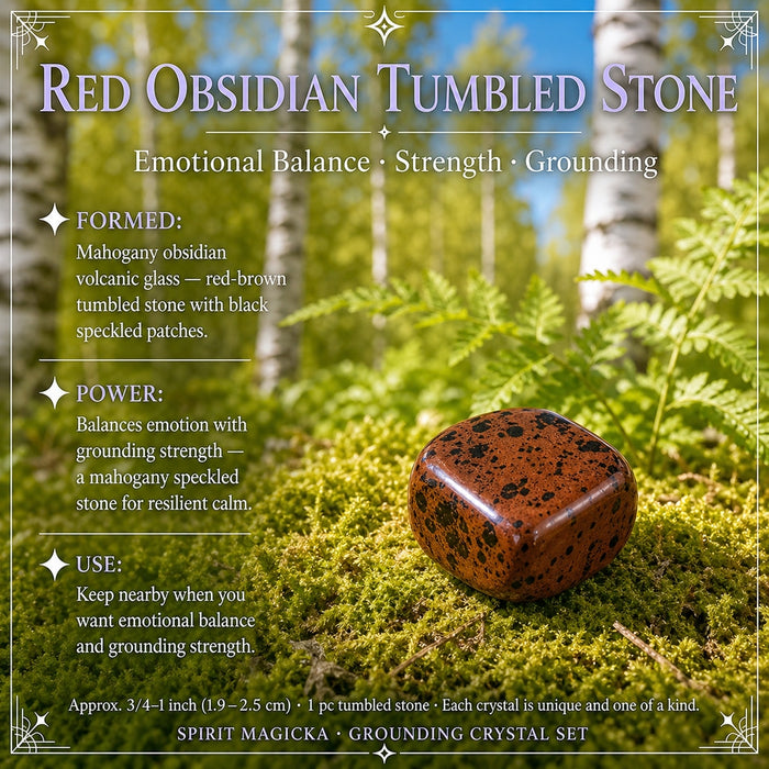 A mahogany red obsidian tumbled stone with black speckles on moss