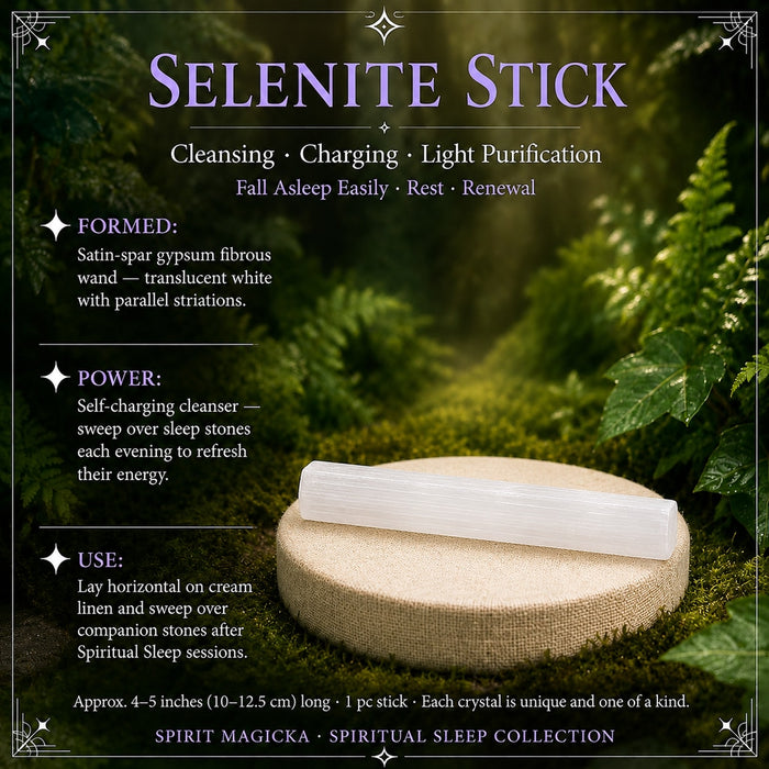 Translucent white selenite stick lying on a wooden stand