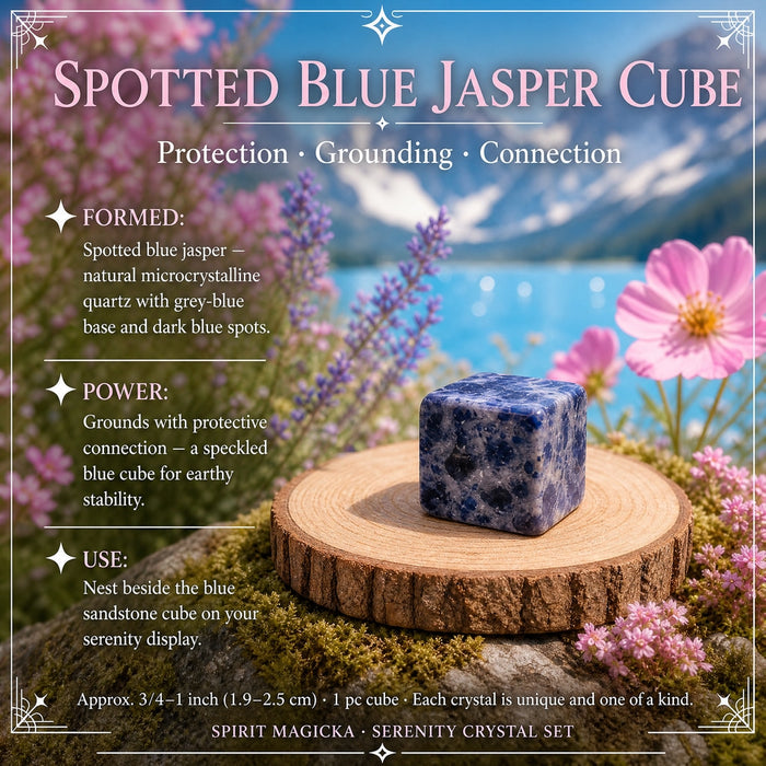Spotted blue jasper cube, grey-blue speckled with dark blue spots