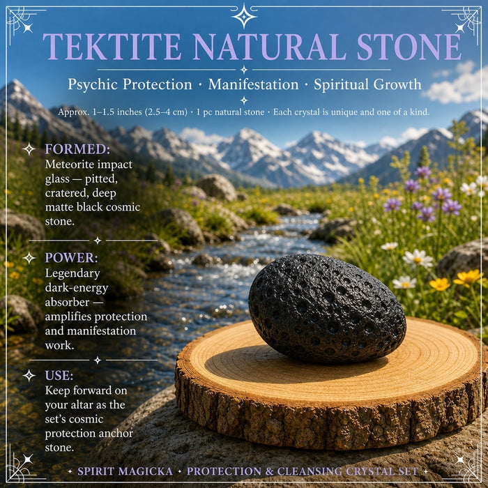 Pitted black tektite stone on a wood slice