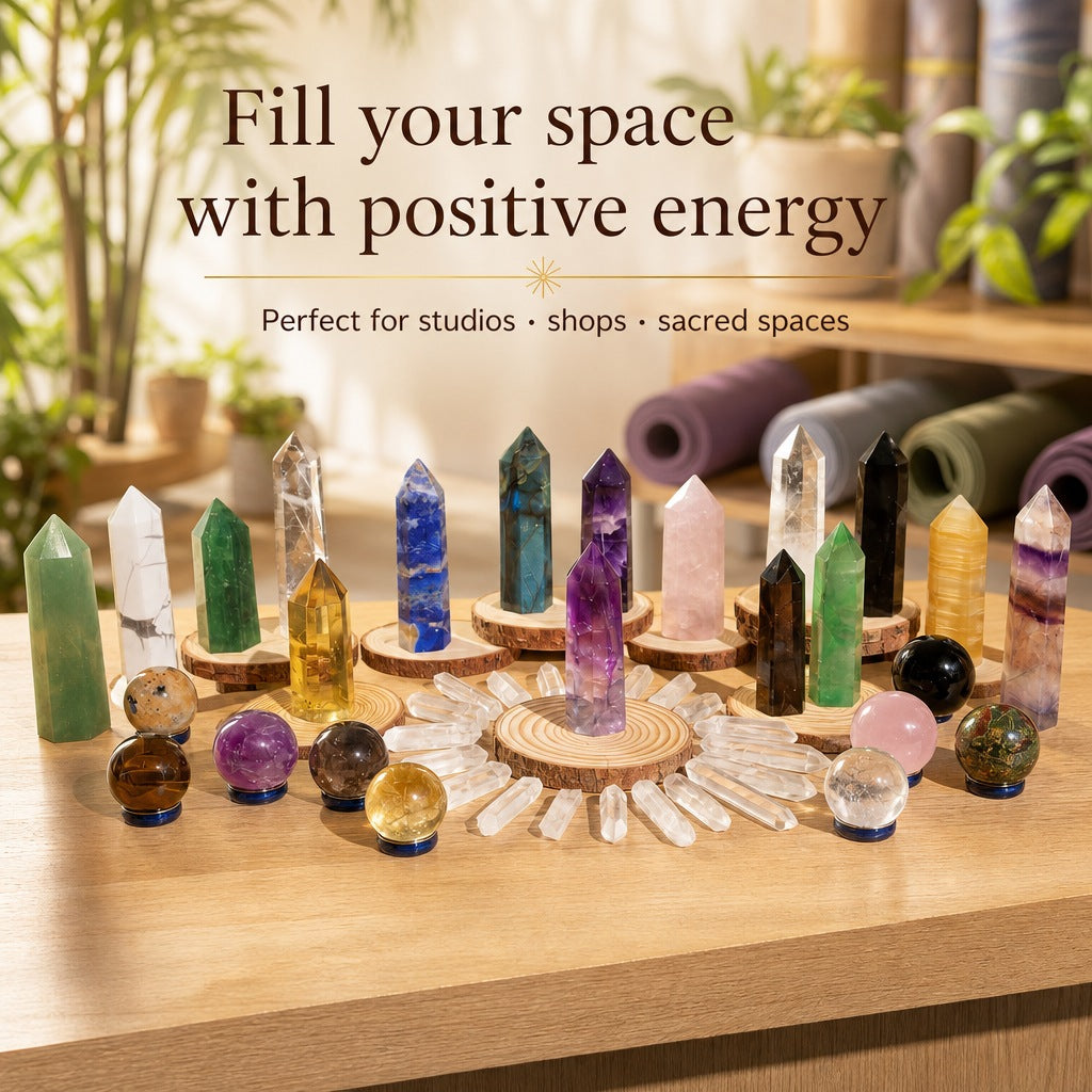 Crystal points and spheres arranged on a table in a meditation studio