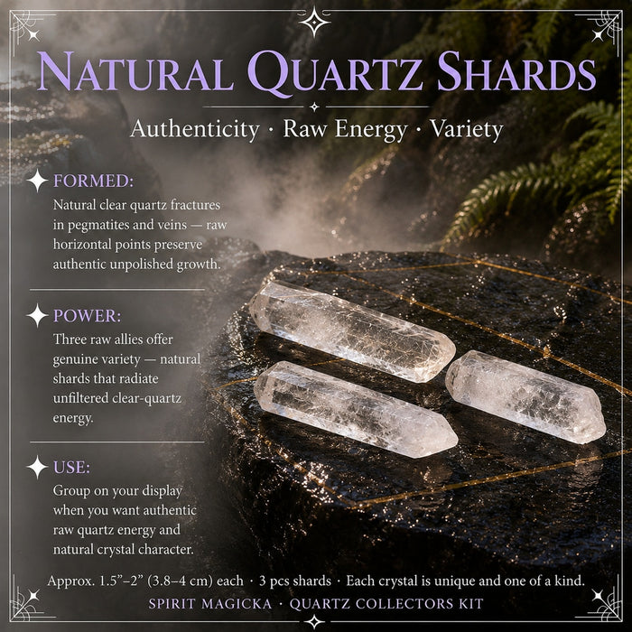 Three slender clear quartz shards lying side by side on dark stone
