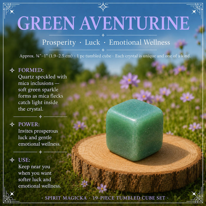 Green Aventurine tumbled cube on a wooden round in a wildflower meadow