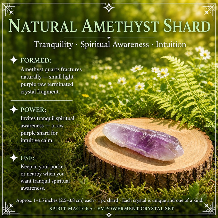A raw light purple amethyst shard lying on a wood slice