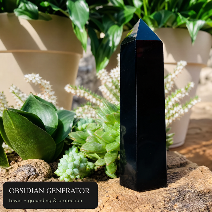 A tall black obsidian generator tower among succulents