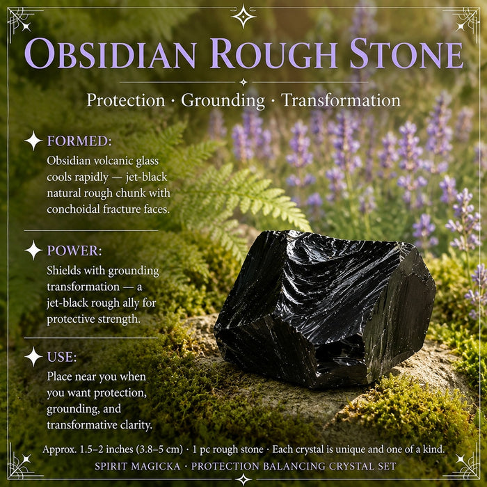 Jet-black rough obsidian chunk with glassy fracture faces on a mossy rock