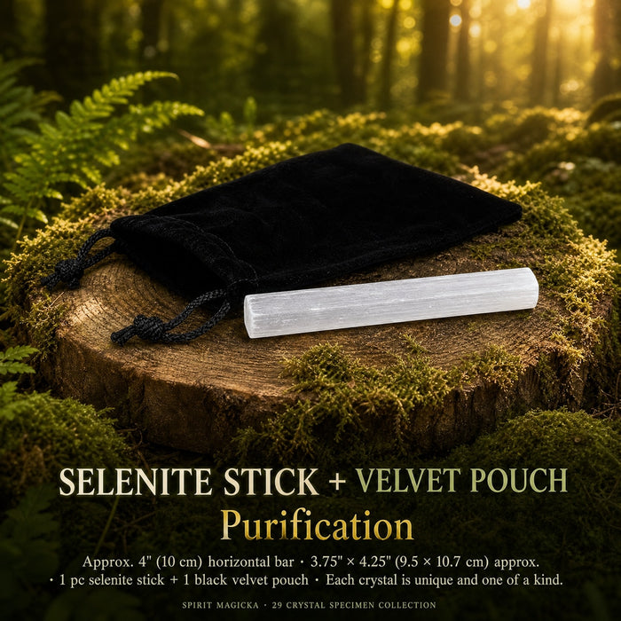 White selenite stick lying beside the black velvet drawstring pouch on a mossy stump