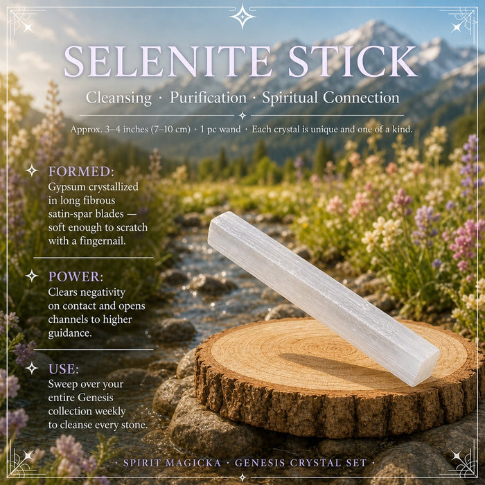 White satiny selenite stick resting on a wood slice