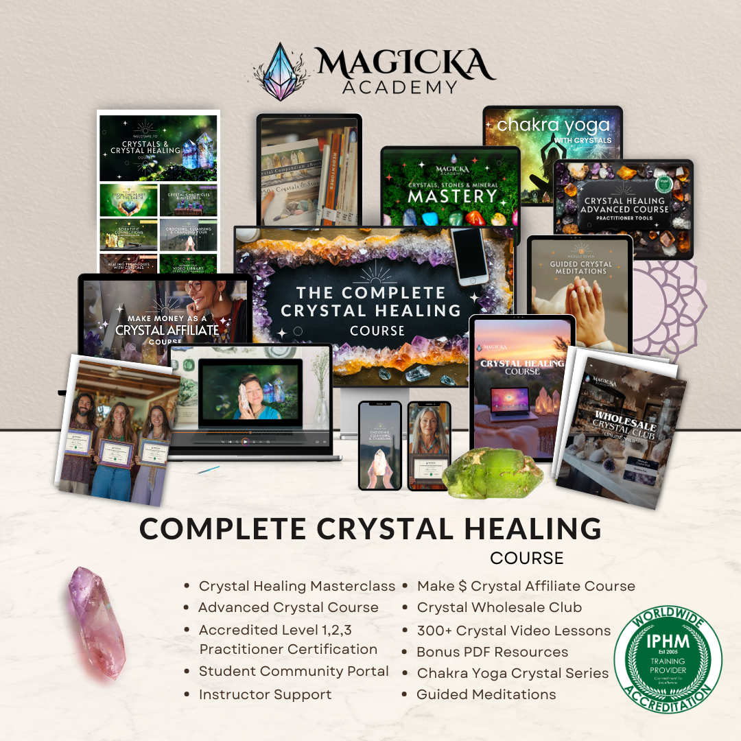 The Magicka Academy course library shown on laptops, tablets and phones, with the list of included courses