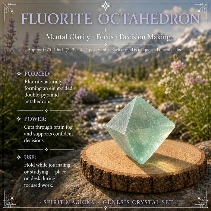 Pale green eight-sided fluorite octahedron on a wood slice