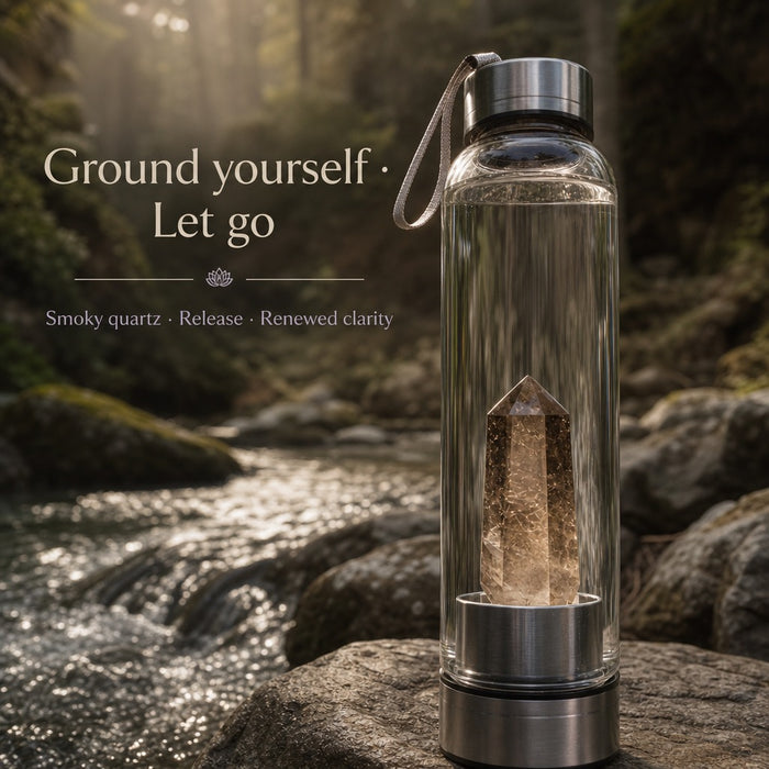 Water bottle with a smoky quartz point insert on a stone beside a forest stream