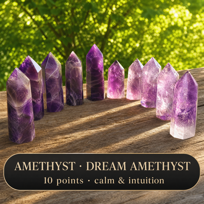 Ten amethyst and dream amethyst points standing in an arc