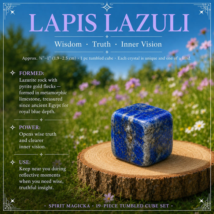 Lapis Lazuli tumbled cube on a wooden round in a wildflower meadow