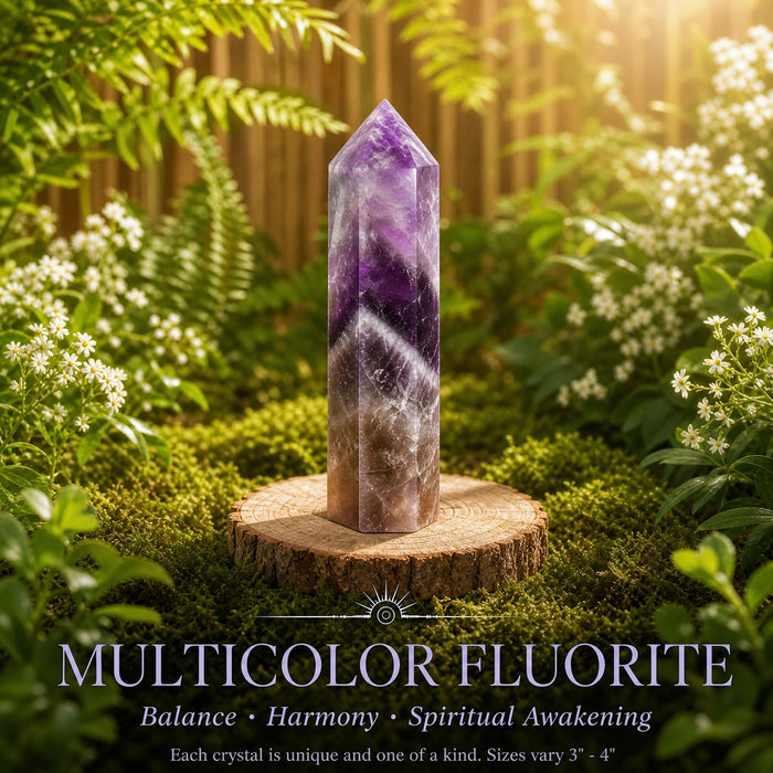 Multicolor fluorite generator point banded in purple and green