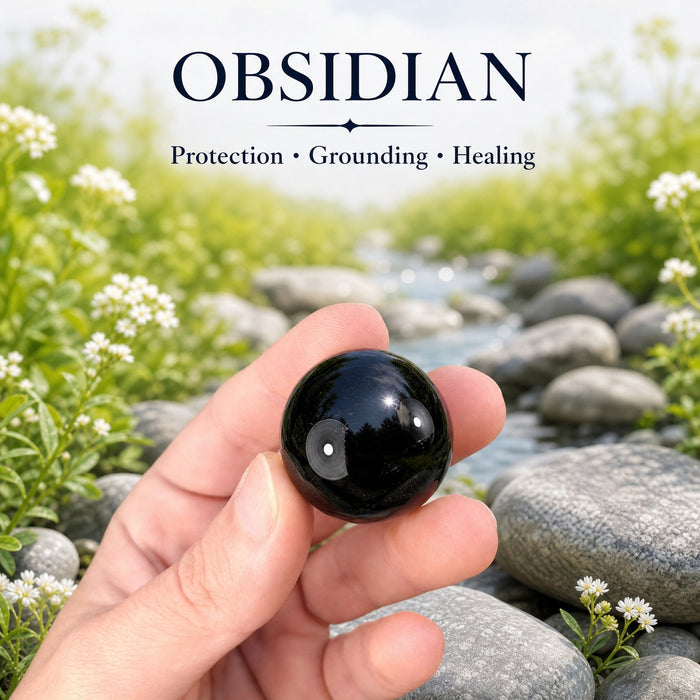 A small glossy black obsidian sphere held in the fingertips