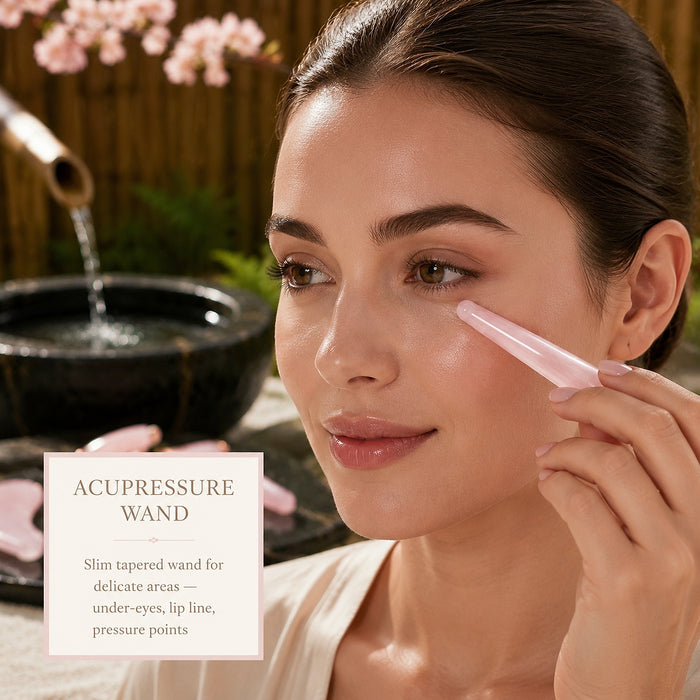 A woman touching the tip of the slim rose quartz acupressure wand just below her eye