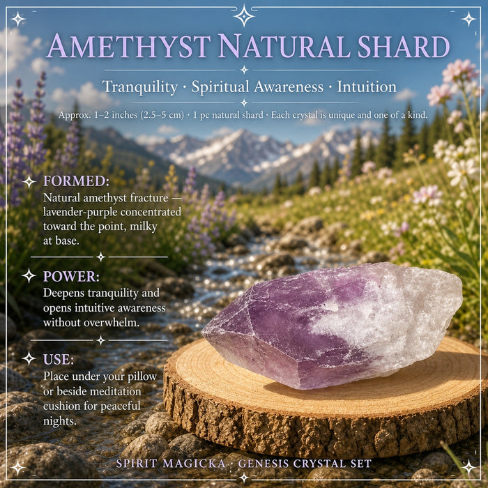 Amethyst shard with lavender purple toward the point and milky white at the base on a wood slice