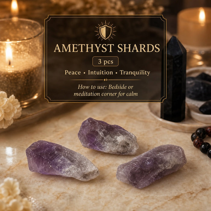 Three purple rough amethyst shards on marble
